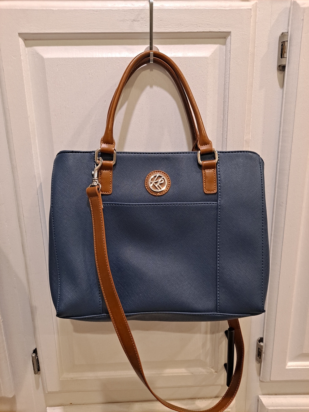 Kim Rogers Blue Tan Saffiano Satchel w/Detachable Strap Classic Chic Everyday